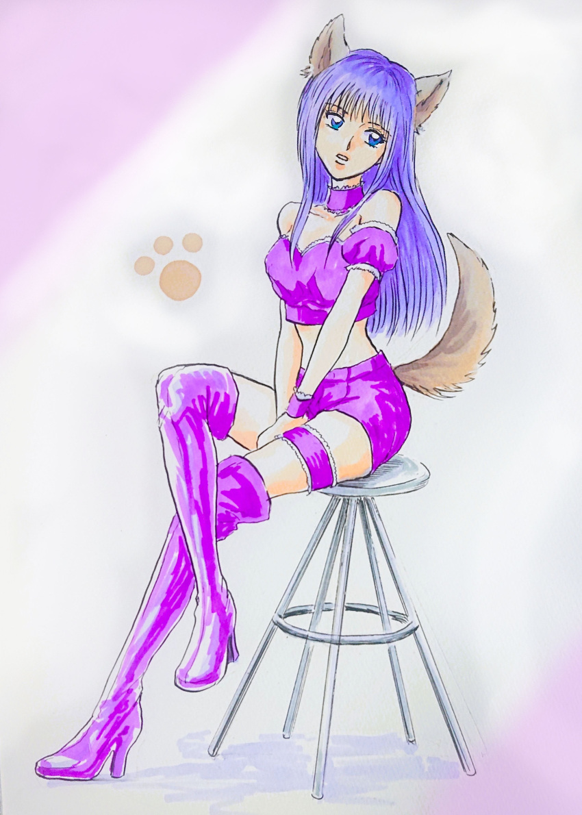 1girl absurdres animal_ears blue_eyes boots breasts bridal_garter cleavage commentary_request detached_sleeves fujiwara_zakuro highres knee_boots long_hair magical_girl mew_zakuro midriff official_style pink_ribbon puffy_detached_sleeves puffy_sleeves purple_footwear purple_hair reimeipr6 ribbon sitting solo tail thigh_boots tokyo_mew_mew tokyo_mew_mew_new very_long_hair wolf_ears wolf_girl wolf_tail