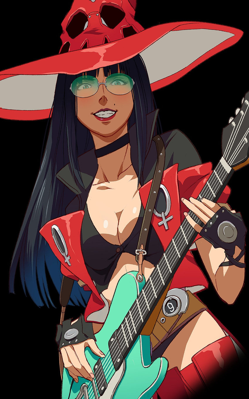 1girl alternate_hair_length alternate_hairstyle black_choker black_gloves black_hair breasts choker cleavage electric_guitar fingerless_gloves francisco_mon gloves green-tinted_eyewear guilty_gear guilty_gear_strive guitar hat highres i-no instrument large_breasts long_hair looking_at_viewer mole mole_above_mouth red_headwear red_leather red_lips short_sleeves smile tinted_eyewear venus_symbol witch_hat