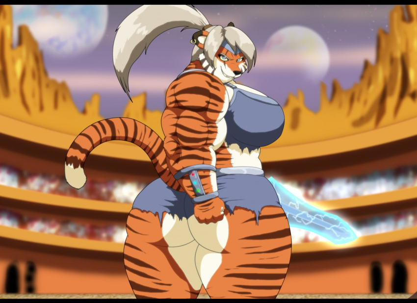 2016 amazon anthro arena big_breasts big_butt blue_eyes bottomwear breasts butt celendys_(xxsparcoxx) clothing digital_media_(artwork) energy_sword felid female fur hair huge_breasts mammal melee_weapon multicolored_body multicolored_fur muscular muscular_anthro muscular_female orange_body orange_fur pantherine planet ponytail solo striped_body striped_fur stripes sword teeth tiger topwear two_tone_body two_tone_fur weapon xxsparcoxx