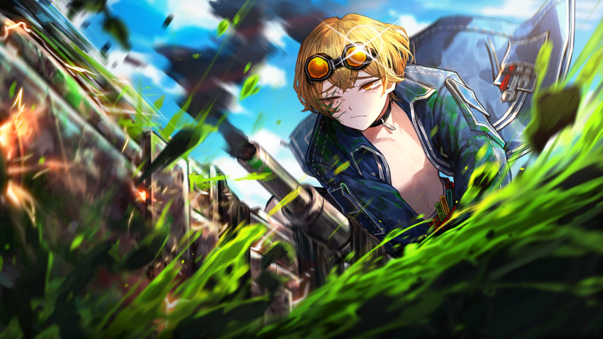1boy black_choker blonde_hair blood blood_on_face blue_jacket chainsaw choker game_cg goggles goggles_on_head green_blood highres jacket limbus_company nai_ga official_art project_moon screwdriver short_hair sinclair_(project_moon) smoke solo tools topless_male wrench yellow_eyes
