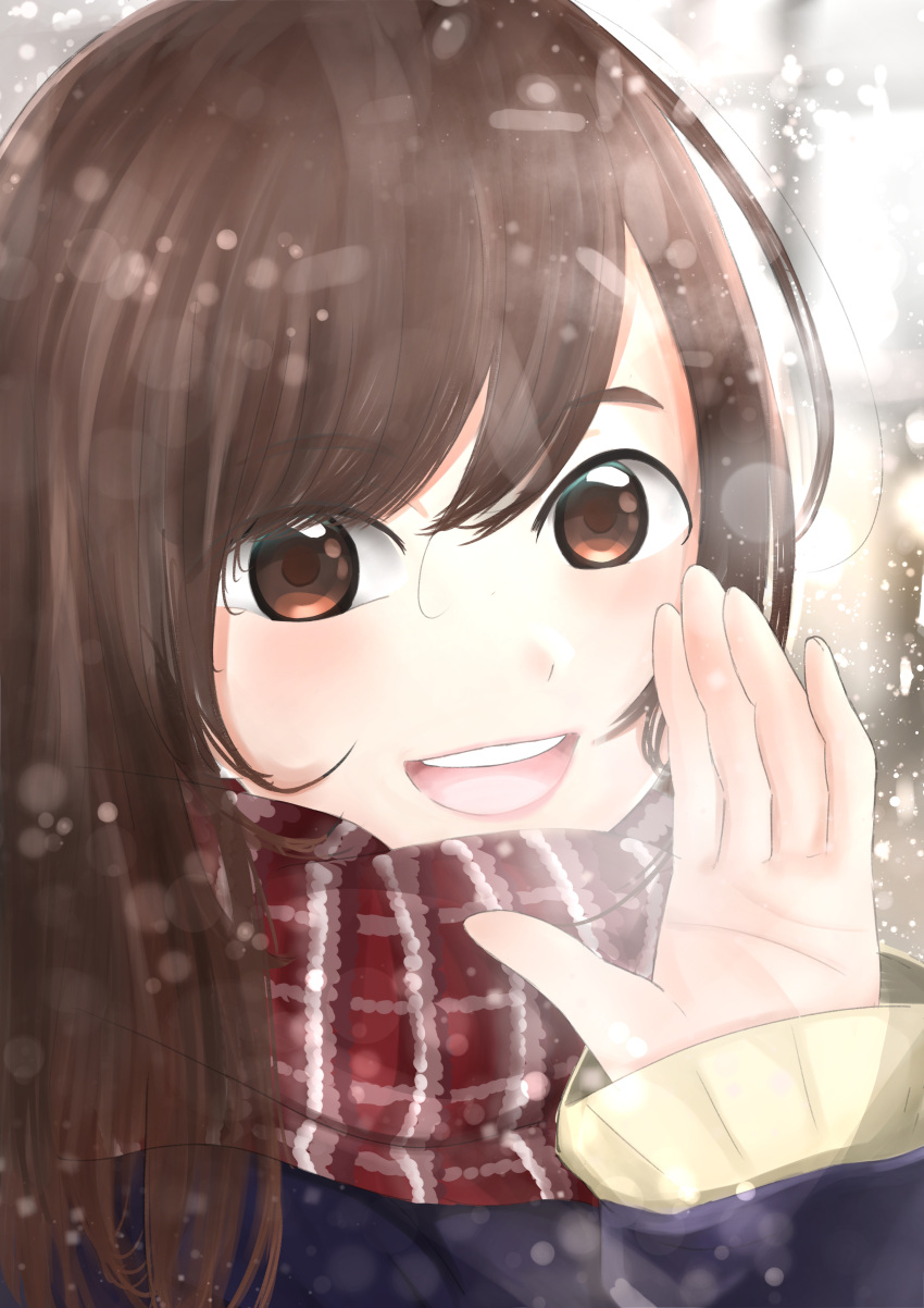 1girl :d absurdres blue_jacket blurry blurry_background brown_hair commentary_request day highres jacket kyabetsu_ningen lips long_hair long_sleeves looking_at_viewer mole open_mouth original outdoors pink_lips portrait red_scarf scarf sleeves_past_wrists smile solo striped_clothes striped_scarf sweater teeth upper_teeth_only winter_clothes yellow_sweater