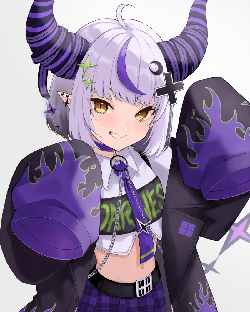 1girl belt black_belt choker collared_shirt commentary_request crescent crescent_hair_ornament ear_piercing gradient_background grey_hair grin hair_ornament hands_up haruwo highres hololive horns la+_darknesss la+_darknesss_(3rd_costume) looking_at_viewer medium_hair midriff multicolored_hair necktie official_alternate_costume piercing pink_hair pointy_ears purple_choker purple_horns purple_necktie purple_skirt shirt simple_background skirt sleeves_past_fingers sleeves_past_wrists slit_pupils smile solo sparkle_hair_ornament streaked_hair upper_body virtual_youtuber x_hair_ornament yellow_eyes