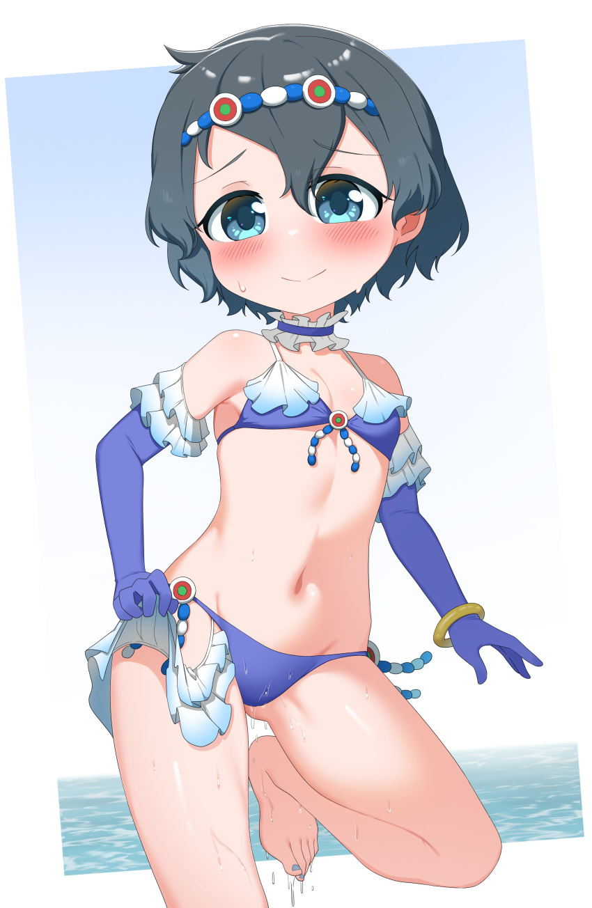 1girl absurdres bare_shoulders bikini black_hair blue_bikini blue_choker blue_gloves blush breasts chis_(js60216) choker cosplay elbow_gloves frilled_bikini frilled_choker frilled_gloves frills gloves highres kaban_(kemono_friends) kemono_friends kemono_friends_3 midriff navel ocean short_hair small_breasts solo steller's_sea_cow_(kemono_friends) steller's_sea_cow_(kemono_friends)_(cosplay) swimsuit white_hair