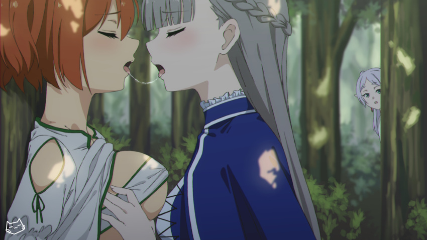 3girls after_kiss artist_logo blue_capelet blue_dress blush breasts capelet closed_eyes collar dappled_sunlight dress elf frieren frilled_capelet frilled_collar frills green_eyes grey_hair kanne_(sousou_no_frieren) keihh lawine_(sousou_no_frieren) long_hair multiple_girls open_mouth orange_hair pointy_ears saliva saliva_trail short_hair sousou_no_frieren sunlight tongue tongue_out tree tree_shade white_hair yuri