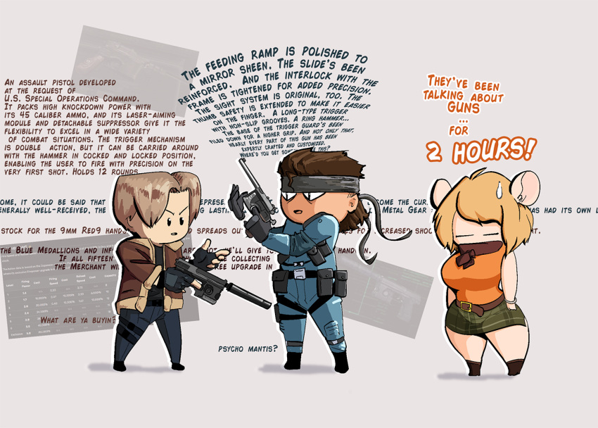 animal_humanoid bigoldoinks capcom chibi dialogue group gun human humanoid konami leon_kennedy mammal mammal_humanoid meme metal_gear mouse mouse_humanoid moushley moushley_(meme) murid murid_humanoid murine murine_humanoid ranged_weapon resident_evil rodent rodent_humanoid solid_snake weapon