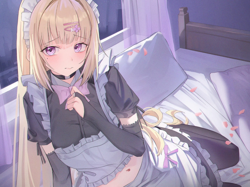1girl bed_sheet black_choker black_gloves black_pantyhose blonde_hair blush bow bowtie breasts bridal_gauntlets choker closed_mouth commentary_request curtains elbow_gloves gloves hair_ornament hairclip hanamaru_tsubaki hand_up highres large_breasts long_hair looking_at_viewer maid maid_headdress midriff mole mole_under_eye navel official_art on_bed original pantyhose pillow pink_bow pink_bowtie puffy_short_sleeves puffy_sleeves purple_eyes short_sleeves sitting solo tearing_up very_long_hair