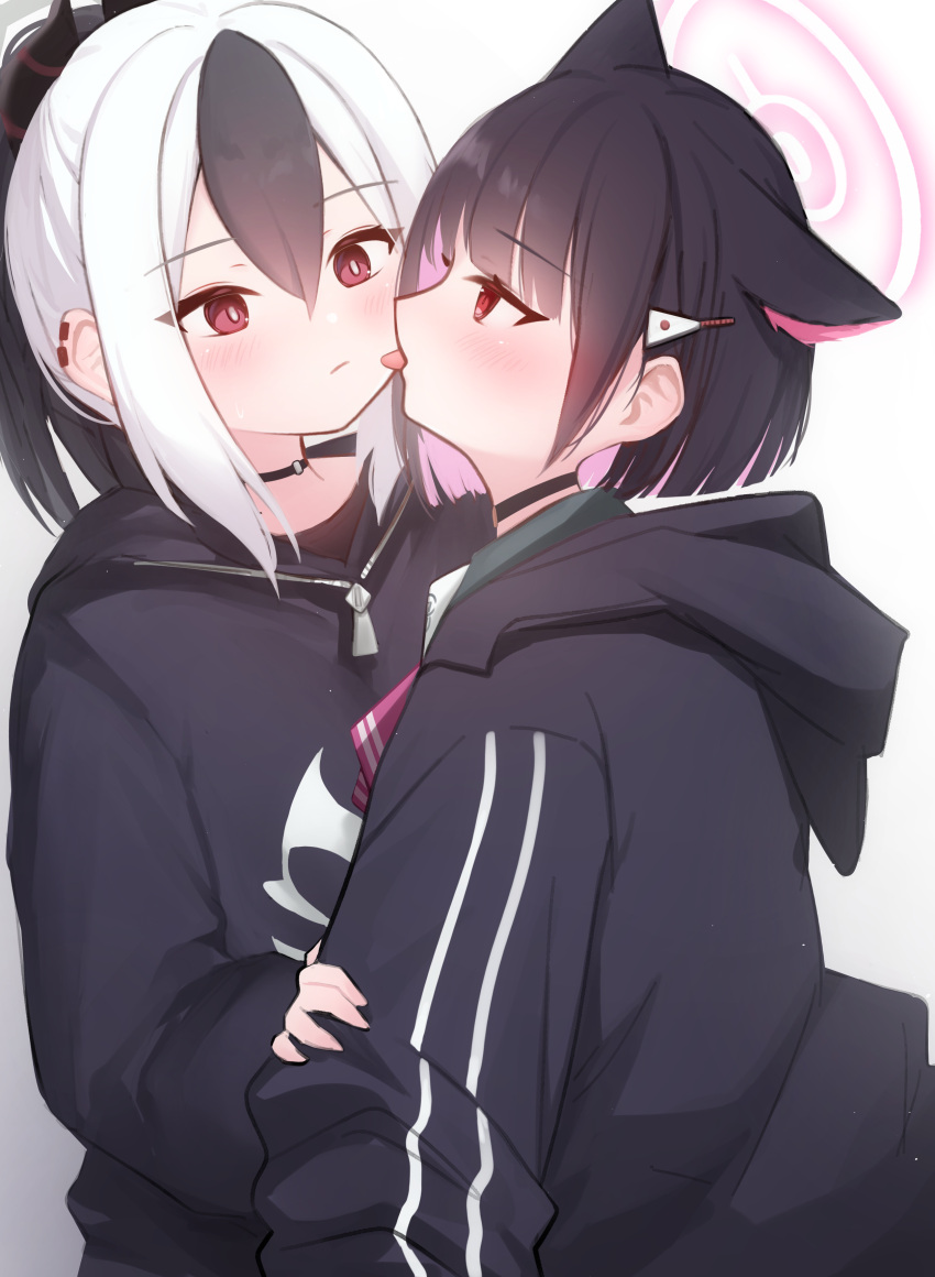 2girls absurdres black_hair black_horns black_jacket blue_archive blush demon_horns grey_hair hair_between_eyes halo highres hood hood_down hoodie horns jacket kayoko_(blue_archive) kazusa_(blue_archive) long_hair mang multicolored_hair multiple_girls pink_halo red_eyes short_hair simple_background tongue tongue_out upper_body white_background yuri