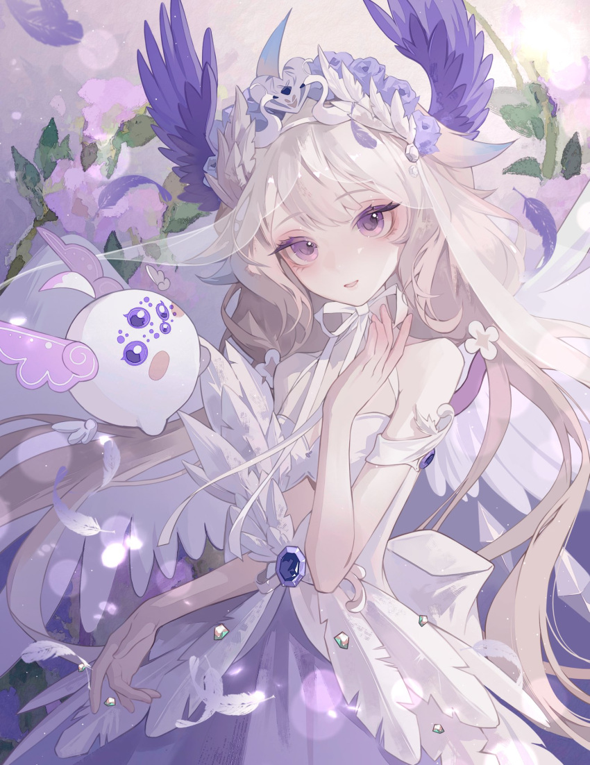 1girl blonde_hair chun123 dress enna_alouette ethyria feathers gem head_wings highres long_hair looking_at_viewer nijisanji nijisanji_en open_mouth purple_eyes purple_gemstone purple_wings smile solo tagme virtual_youtuber white_dress wings