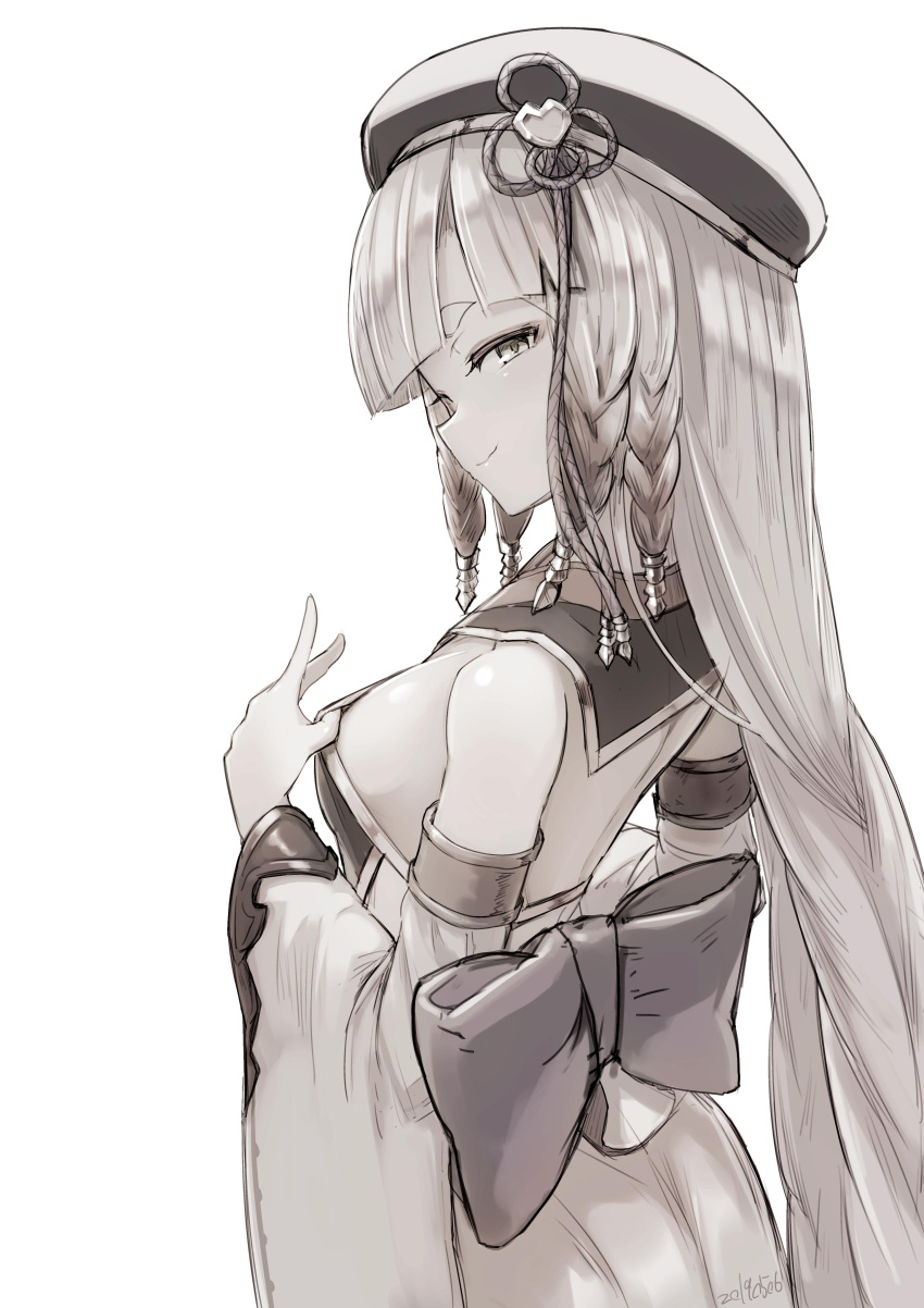 1girl absurdres armlet back backless_dress backless_outfit bare_shoulders beret blunt_bangs braid breasts detached_sleeves dress erune eyeliner granblue_fantasy greyscale hat highres long_hair looking_at_viewer looking_back makeup monochrome nosuku pholia short_eyebrows side_braids small_breasts smile solo thighs very_long_hair wide_sleeves