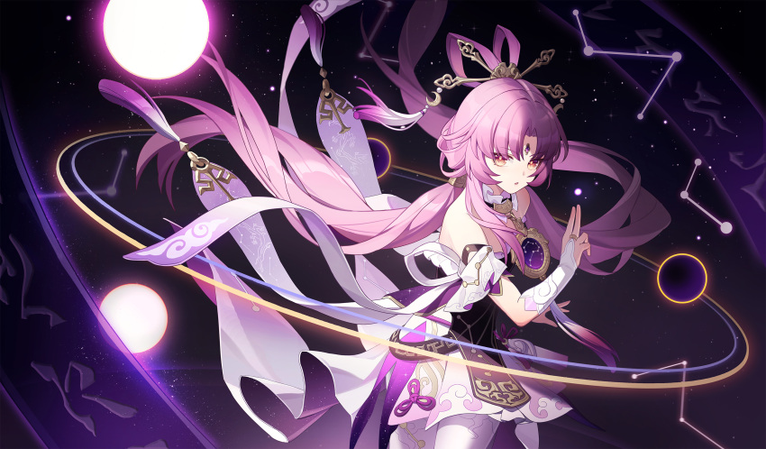 1girl bare_shoulders black_sun bow-shaped_hair commentary_request constellation constellation_print cowboy_shot detached_sleeves forehead_jewel fu_xuan_(honkai:_star_rail) hair_between_eyes hair_ornament hair_stick hand_up highres honkai:_star_rail honkai_(series) long_hair low_twintails open_mouth orange_eyes pantyhose parted_bangs pink_hair selina_abby skirt solo star_(symbol) sun twintails very_long_hair white_pantyhose white_skirt white_sleeves