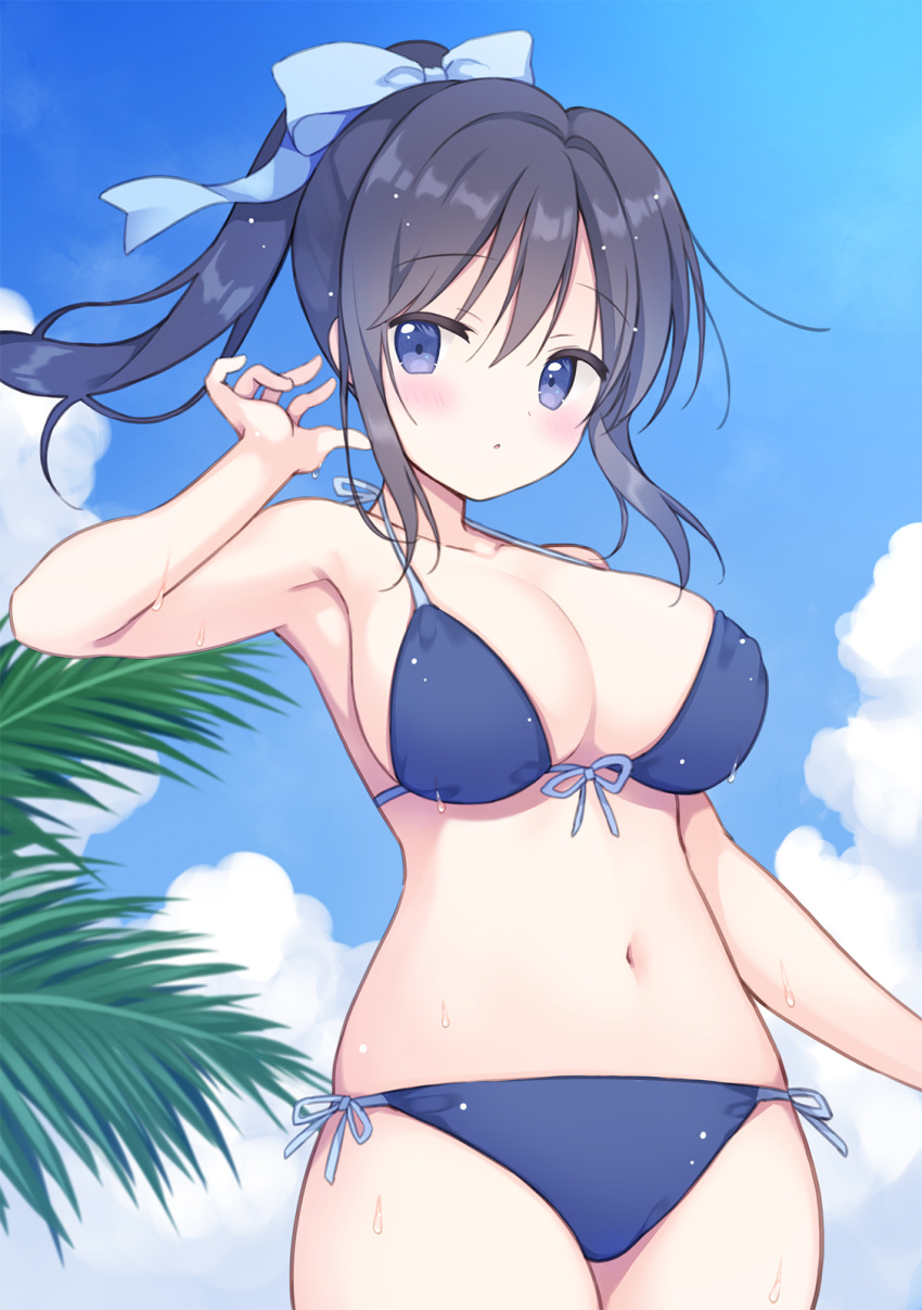 1girl :o armpits bare_arms bare_shoulders bikini black_hair blue_bikini blue_bow blue_eyes blue_sky blush bow cloud collarbone commission day front-tie_bikini_top front-tie_top hair_between_eyes hair_bow hand_up high_ponytail highres izuminanase looking_at_viewer navel original outdoors palm_tree parted_lips ponytail side-tie_bikini_bottom skeb_commission sky solo swimsuit tree