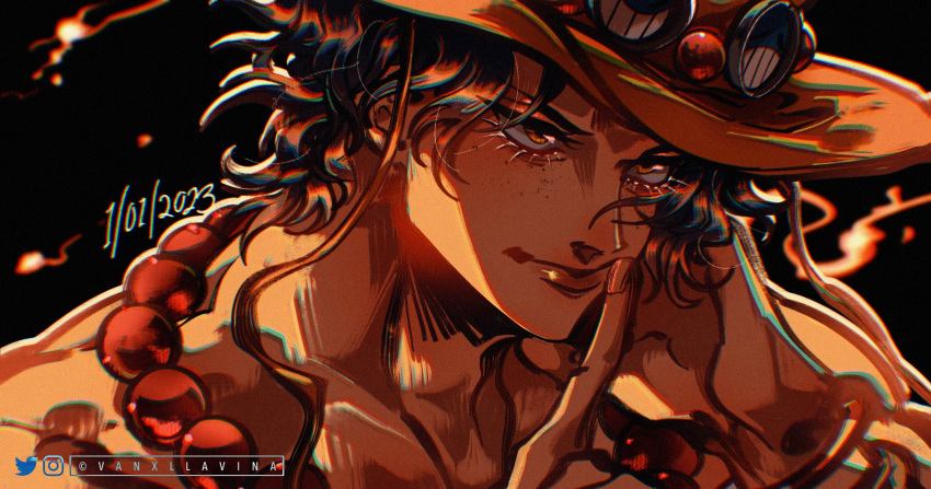1boy black_background black_hair close-up fire freckles hat highres instagram_username jewelry looking_ahead male_focus necklace one_piece orange_headwear portgas_d._ace solo twitter_username vanxllavina