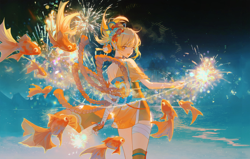 1girl :d absurdres ayanon_ite back bandaged_arm bandaged_leg bandages blonde_hair choker commentary_request feet_out_of_frame fingerless_gloves fireworks fish from_behind genshin_impact gloves hadanugi_dousa highres holding_fireworks japanese_clothes kimono lake long_hair looking_at_viewer looking_back mountainous_horizon night night_sky open_mouth orange_eyes orange_kimono outdoors ponytail red_choker rope shimenawa single_bare_shoulder single_fingerless_glove sky smile solo sparkler water yoimiya_(genshin_impact)