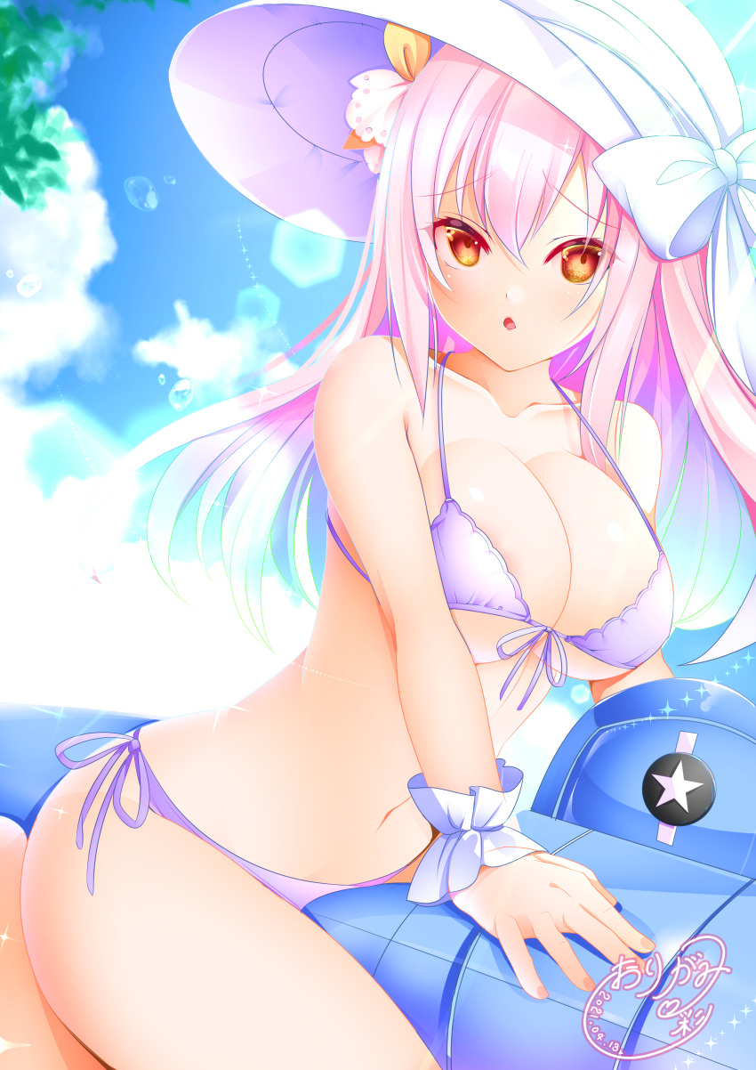 1girl :o absurdres aircraft azur_lane bangs bare_shoulders bikini blue_sky blush breasts brown_eyes cleavage cloud collarbone commentary_request dated day eyebrows_visible_through_hair front-tie_bikini front-tie_top furrowed_eyebrows hair_between_eyes hat hat_ribbon highres inflatable_toy large_breasts lens_flare light_rays long_hair looking_at_viewer midriff navel official_alternate_costume origami_aya pink_hair purple_bikini quincy_(azur_lane) quincy_(blazing_summer's_cool_breeze)_(azur_lane) ribbon side-tie_bikini sidelocks signature sitting sky solo sun_hat sunbeam sunlight swimsuit underboob vought_os2u_kingfisher white_ribbon wrist_cuffs