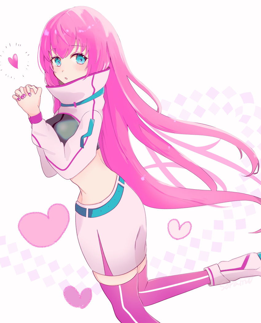 1girl absurdres blue_eyes blush crop_top heart high_collar highres long_hair long_sleeves looking_at_viewer magical_mirai_(vocaloid) magical_mirai_luka magical_mirai_luka_(2023) megurine_luka midriff nail_polish open_mouth own_hands_clasped own_hands_together pencil_skirt pink_hair shrug_(clothing) skirt solo sorami standing standing_on_one_leg thighhighs very_long_hair vocaloid