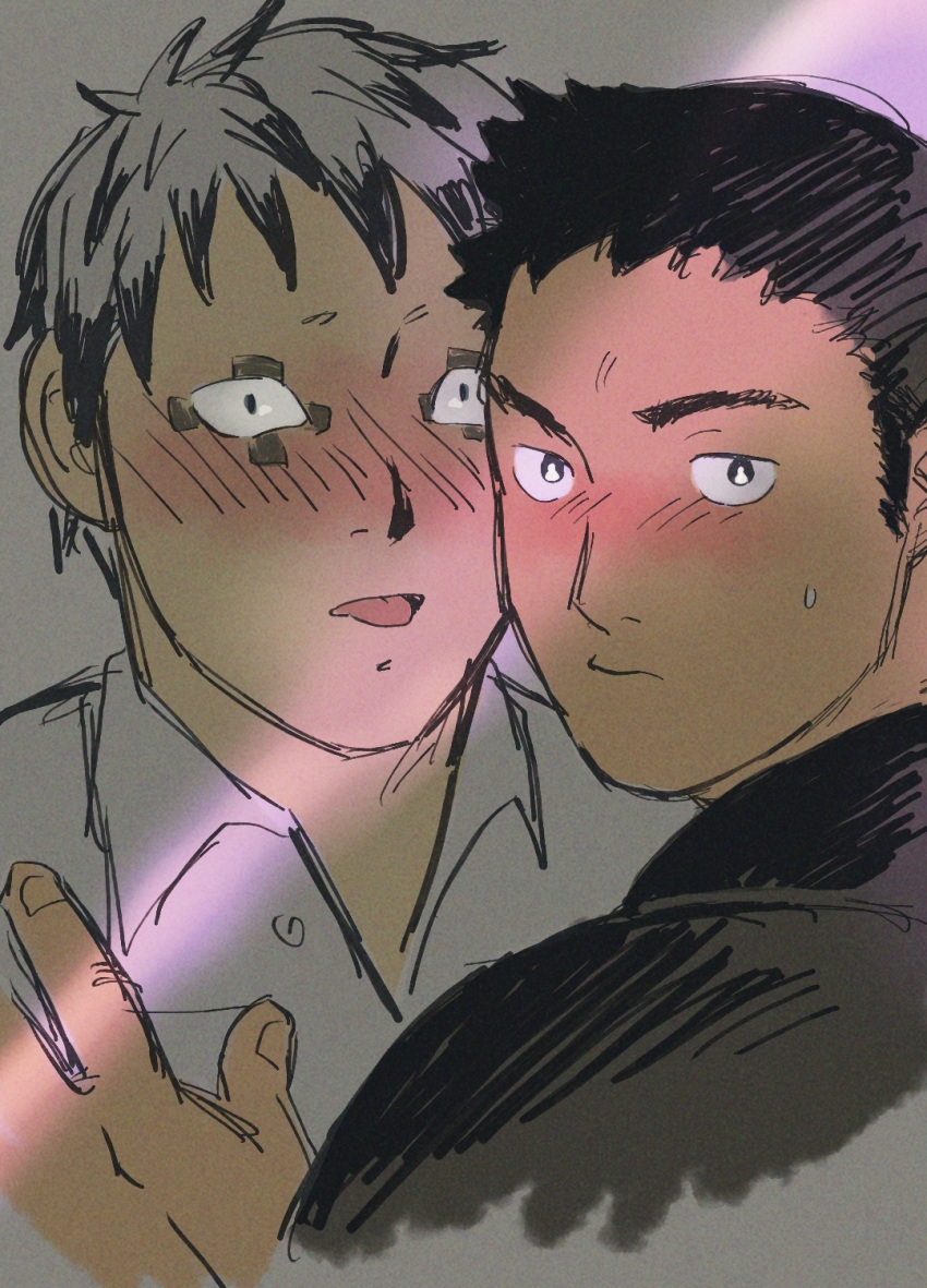 2boys aikawa_(dorohedoro) bara blush caught colored_tips couple crack_of_light cropped_shoulders dorohedoro facial_mark hand_on_another's_chest highres jade_drop male_focus medium_sideburns multicolored_hair multiple_boys no_eyebrows risu_(dorohedoro) thick_eyebrows tongue tongue_out unfinished yaoi