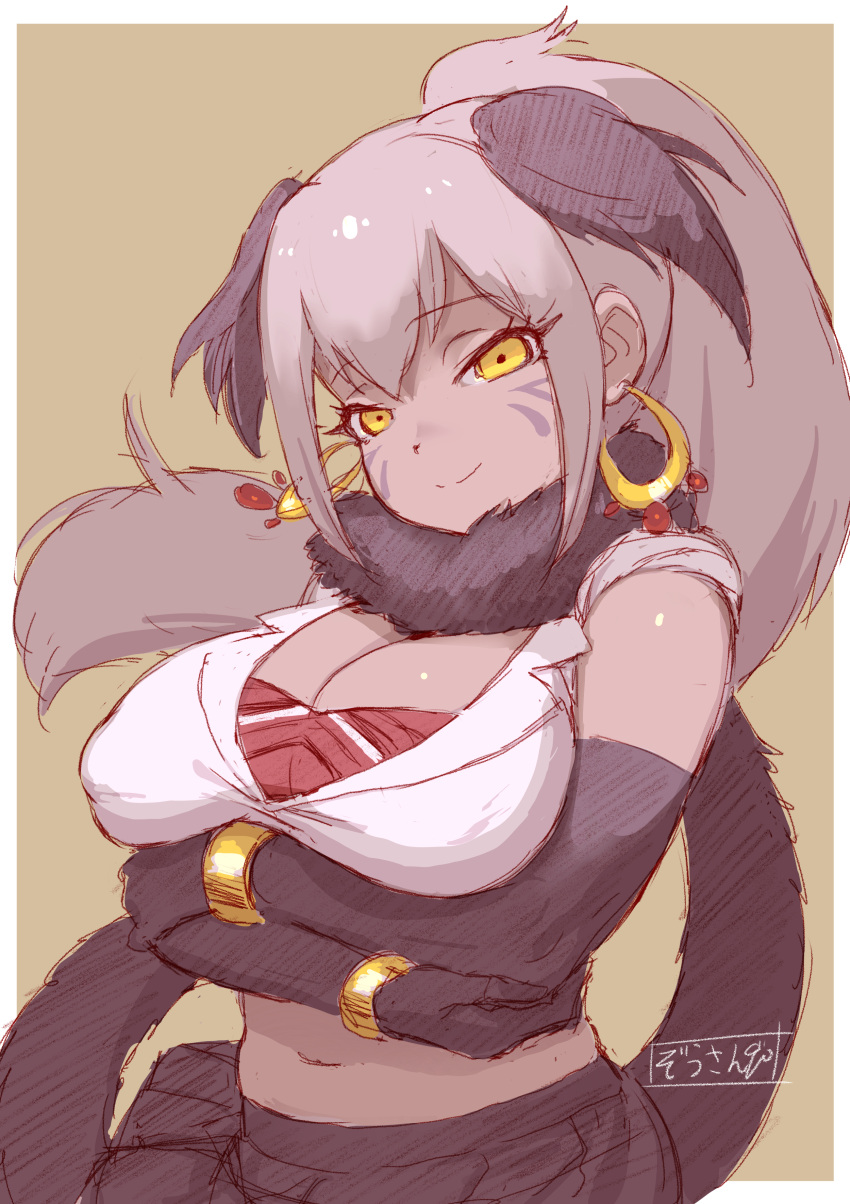 1girl absurdres bare_shoulders breasts brown_hair cleavage dark-skinned_female dark_skin earrings elbow_gloves empty_eyes facial_mark gloves grey_hair highres jewelry kemono_friends large_breasts long_hair looking_at_viewer masuyama_ryou midriff multicolored_hair navel north_island_giant_moa_(kemono_friends) scarf shirt skirt smile two-tone_hair very_long_hair yellow_eyes