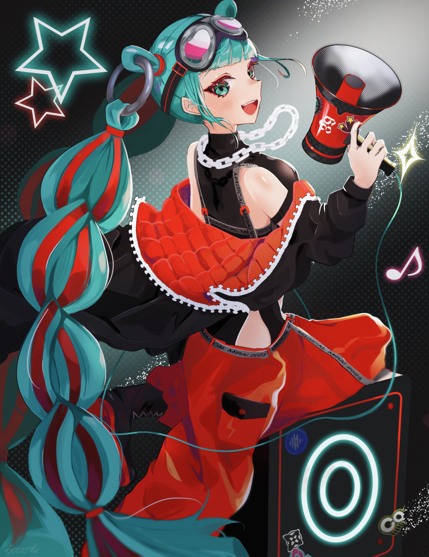 1girl 39 absurdres baggy_pants blue_eyes blue_hair blunt_bangs blush bodysuit chain_necklace detached_hair goggles goggles_on_head hatsune_miku highres hip_vent holding holding_megaphone jewelry long_hair long_sleeves looking_at_viewer looking_back magical_mirai_(vocaloid) magical_mirai_miku magical_mirai_miku_(2023) megaphone necklace open_mouth pants ribbon_braid sleeveless sleeveless_bodysuit smile solo sorami speaker star_(symbol) twintails very_long_hair vocaloid