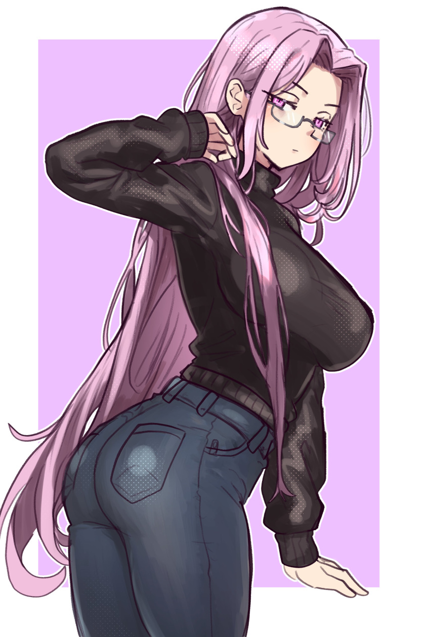 1girl absurdres ass black_sweater blue_pants breasts denim ebora fate/stay_night fate_(series) forehead glasses highres jeans large_breasts long_hair long_sleeves looking_at_viewer looking_back medusa_(fate) medusa_(rider)_(fate) pants parted_bangs purple_eyes purple_hair sidelocks solo sweater very_long_hair