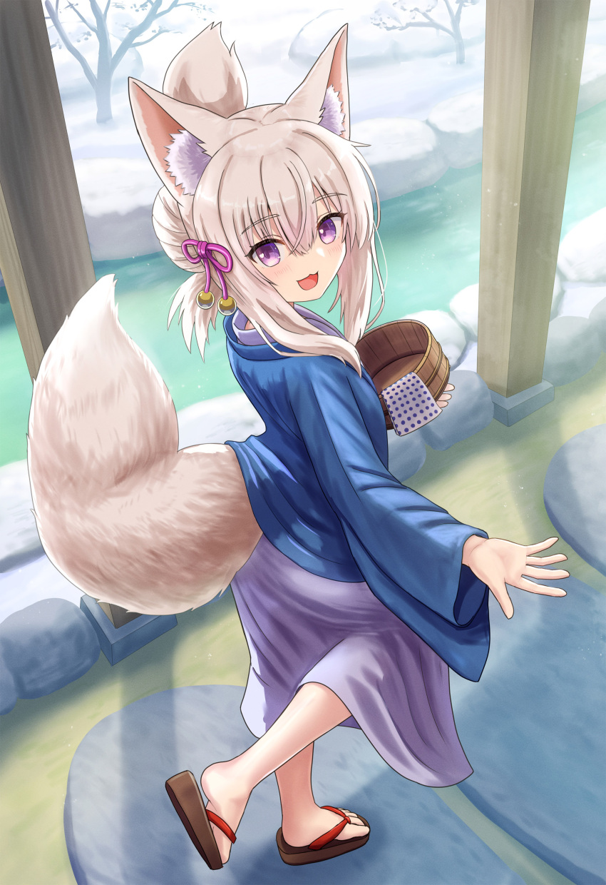 1girl :d absurdres animal_ear_fluff animal_ears bare_tree brown_footwear brown_hair commentary_request day folded_ponytail fox_ears fox_girl fox_tail from_side grey_kimono hair_between_eyes hair_ribbon highres iroha_(iroha_matsurika) japanese_clothes kimono koyoi_(iroha_(iroha_matsurika)) long_sleeves looking_at_viewer looking_to_the_side onsen open_clothes original purple_eyes purple_ribbon ribbon sandals smile snow solo tail tree walking water wide_sleeves yukata zouri