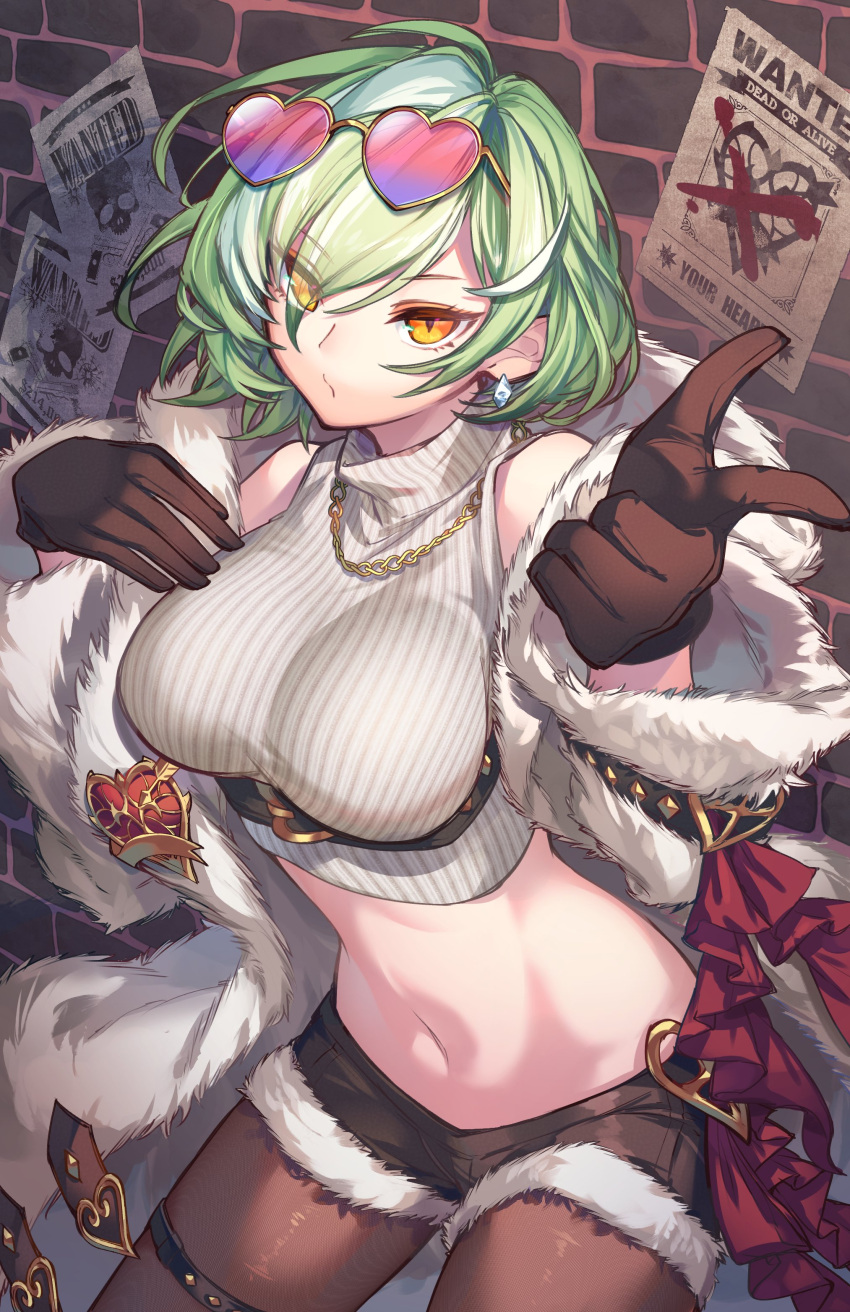 1girl absurdres belt breasts brick_wall brown_gloves crop_top cropped_sweater earrings eyewear_on_head finger_gun fur_jacket gloves green_hair heart heart-shaped_eyewear highres jacket jewelry kuuron_(moesann17) large_breasts lisette_(p&amp;d) midriff navel open_clothes open_jacket pantyhose puzzle_&amp;_dragons ribbed_sweater short_hair short_shorts shorts solo stomach sunglasses sweater yellow_eyes