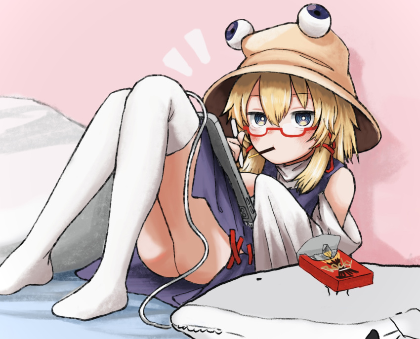 1girl ass bare_shoulders bespectacled blonde_hair brown_headwear cable cushion detached_sleeves food glasses hair_between_eyes hair_ribbon hat highres holding holding_drawing_tablet holding_pen long_sleeves looking_at_viewer moriya_suwako mouth_hold neritch no_shoes notice_lines pen pocky purple_vest red-framed_eyewear red_ribbon ribbon semi-rimless_eyewear short_hair sidelocks sitting solo thighhighs thighs touhou turtleneck under-rim_eyewear vest white_thighhighs wide_sleeves