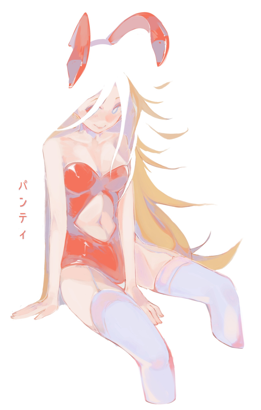 1girl animal_ears annotated between_legs blending blonde_hair clothing_cutout commentary fake_animal_ears hairband hand_between_legs highres leotard long_hair motokitoki navel navel_cutout nontraditional_playboy_bunny panty_&amp;_stocking_with_garterbelt panty_(psg) playboy_bunny rabbit_ear_hairband rabbit_ears red_hairband red_leotard simple_background sitting solo strapless strapless_leotard thighhighs white_background white_thighhighs