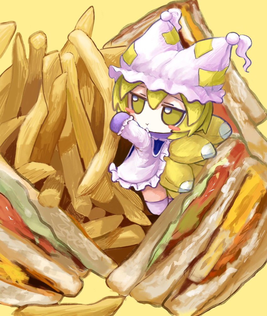 1girl animal_hat blonde_hair blush_stickers chibi closed_mouth commentary dress food fox_tail french_fries frilled_dress frills fumo_(doll) hat highres in_food jitome long_sleeves mini_person minigirl mob_cap multiple_tails sandwich solo symbol-only_commentary tail touhou white_dress white_headwear yakumo_ran yakumora_n yellow_background yellow_eyes