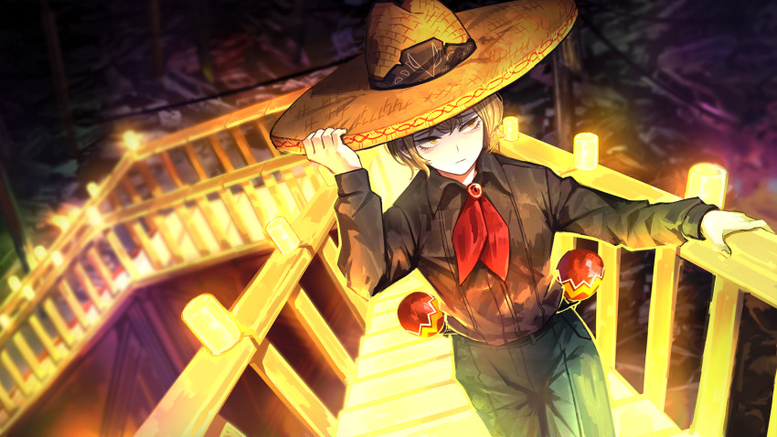 1boy adjusting_clothes adjusting_headwear black_shirt blonde_hair brooch candle collared_shirt game_cg green_pants hat highres instrument jewelry limbus_company maracas nai_ga neckerchief official_art pants project_moon red_brooch red_neckerchief shirt short_hair sinclair_(project_moon) solo sombrero stairs yellow_eyes