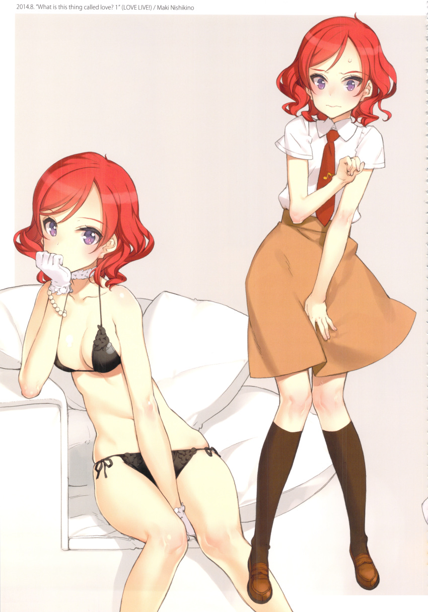 1girl absurdres arm_support bikini black_bikini black_socks blush breasts choker cleavage closed_mouth full_body gloves highres looking_at_viewer love_live! love_live!_school_idol_project multiple_views nishikino_maki non-web_source oyari_ashito purple_eyes red_hair short_hair simple_background sitting skirt small_breasts socks swimsuit wavy_mouth white_choker white_gloves