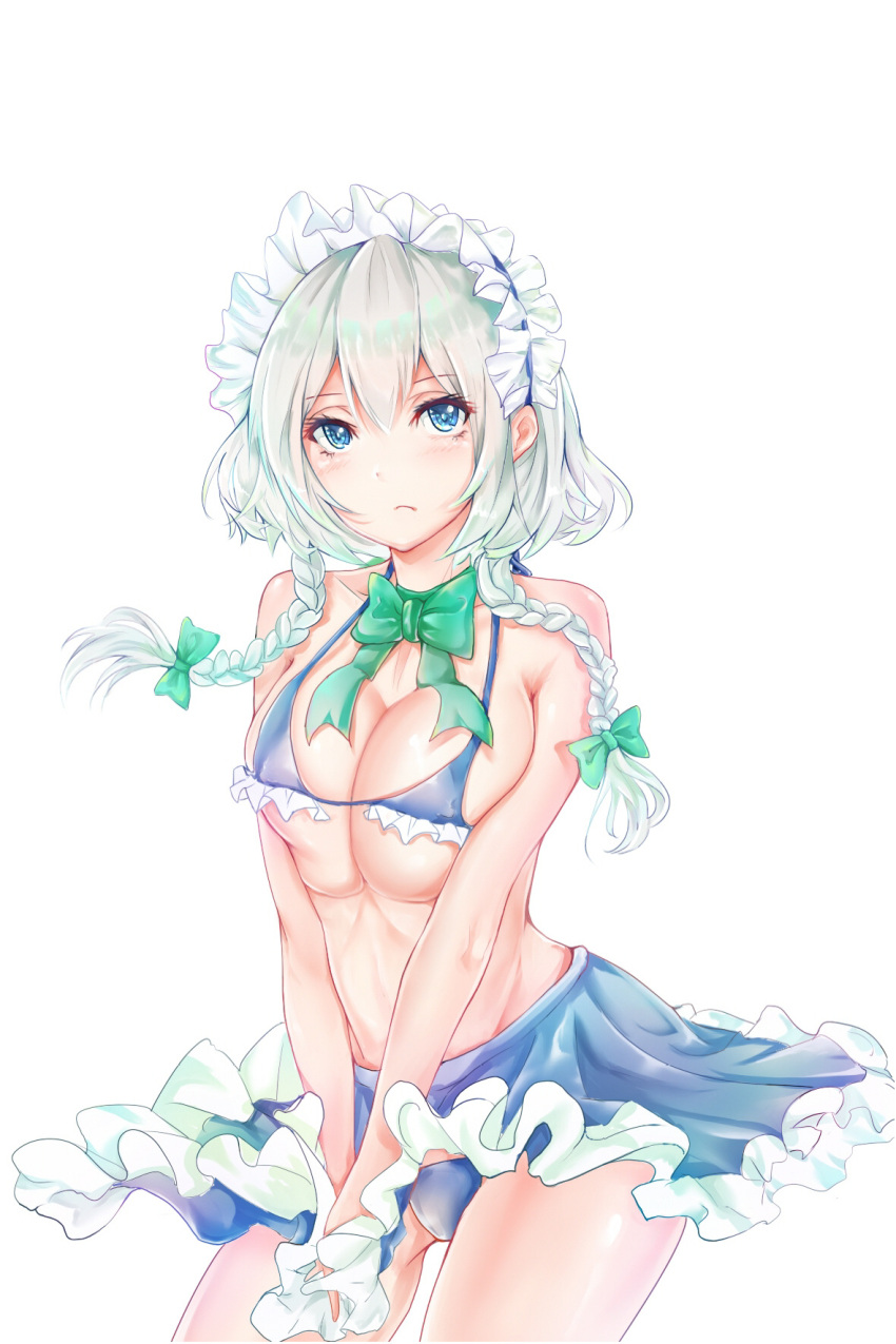 1girl bare_arms bare_shoulders blue_bra blue_eyes blue_hairband blue_panties blue_skirt bow bow_choker bowtie bra braid breasts choker closed_mouth cowboy_shot cropped eyelashes frilled_bra frilled_hairband frilled_skirt frills frown green_bow green_bowtie green_choker hair_bow hairband highres izayoi_sakuya large_breasts looking_at_viewer md5_mismatch miniskirt mioda_xi panties revealing_clothes short_hair_with_long_locks simple_background skirt solo third-party_edit touhou twin_braids underwear white_background white_hair