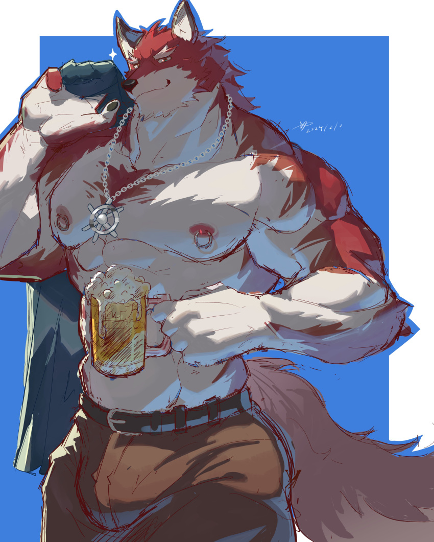 1boy abs absurdres alcohol animal_ears bara beer beer_mug blue_shirt brown_pants bulge chinese_commentary commentary_request cup dated diederich_olsen_(knight's_college) drink furry furry_male highres holding holding_clothes holding_cup holding_drink holding_shirt jewelry knights_college lan_uxn looking_at_viewer male_focus mug muscular muscular_male necklace nipple_piercing pants pawpads pectorals piercing shirt signature smile sparkle tail topless_male wolf_boy wolf_ears wolf_tail