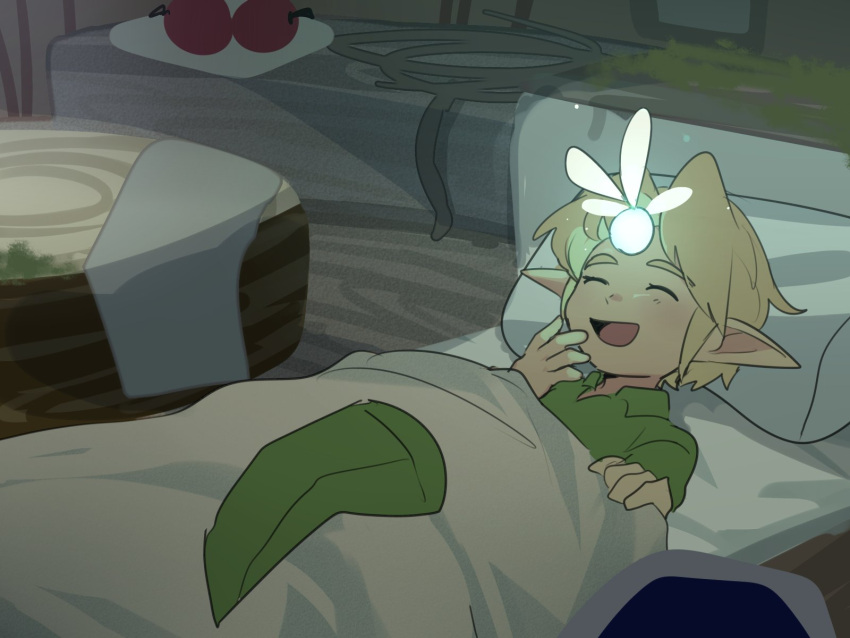 1boy 1girl bed bed_sheet blonde_hair child closed_eyes fairy food green_headwear hat highres link navi open_mouth pillow pointy_ears smile suikaels the_legend_of_zelda young_link