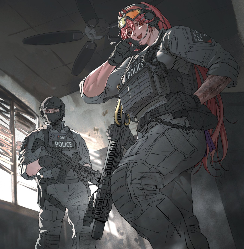 1boy 1girl adjusting_headset ammunition_pouch arm_tattoo assault_rifle belt black_gloves bulletproof_vest ceiling_fan ear_protection eyewear_on_head girls'_frontline glasses gloves grey_eyes gun hair_ornament hairclip hand_on_own_hip handgun headset helmet highres holding holding_gun holding_weapon load_bearing_vest long_hair looking_at_viewer magazine_(weapon) mask maxturbo69 mouth_mask muscular muscular_female muscular_male optical_sight orange-tinted_eyewear orange_eyes pink_hair pocket police pouch rifle sig_mcx sig_mcx_(girls'_frontline) sleeves_rolled_up smoke strap tactical_clothes tattoo thigh_strap tinted_eyewear trigger_discipline walkie-talkie weapon