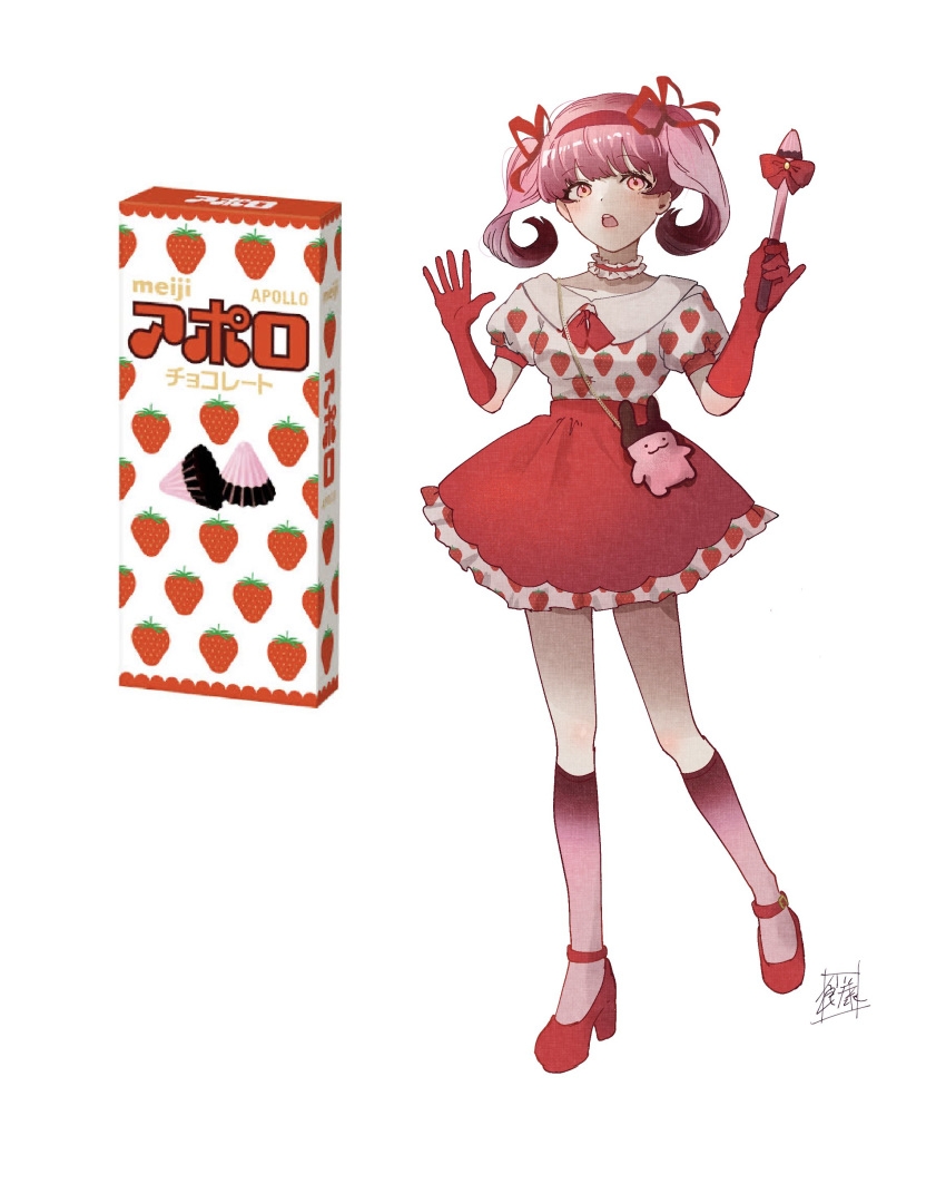 1girl absurdres apollo_chocolate bag breasts choker dress food_print frilled_choker frills full_body gloves gradient_legwear hair_ribbon hairband hands_up high_heels highres holding holding_wand kneehighs legs_apart looking_at_viewer medium_hair meiji_(brand) open_mouth original pink_eyes pink_hair pink_socks print_dress puffy_short_sleeves puffy_sleeves red_dress red_footwear red_gloves red_hairband red_ribbon ribbon shoes short_dress short_sleeves shoulder_bag signature simple_background small_breasts socks sokura_(mochichitose) solo standing strawberry_print twintails wand white_background white_dress