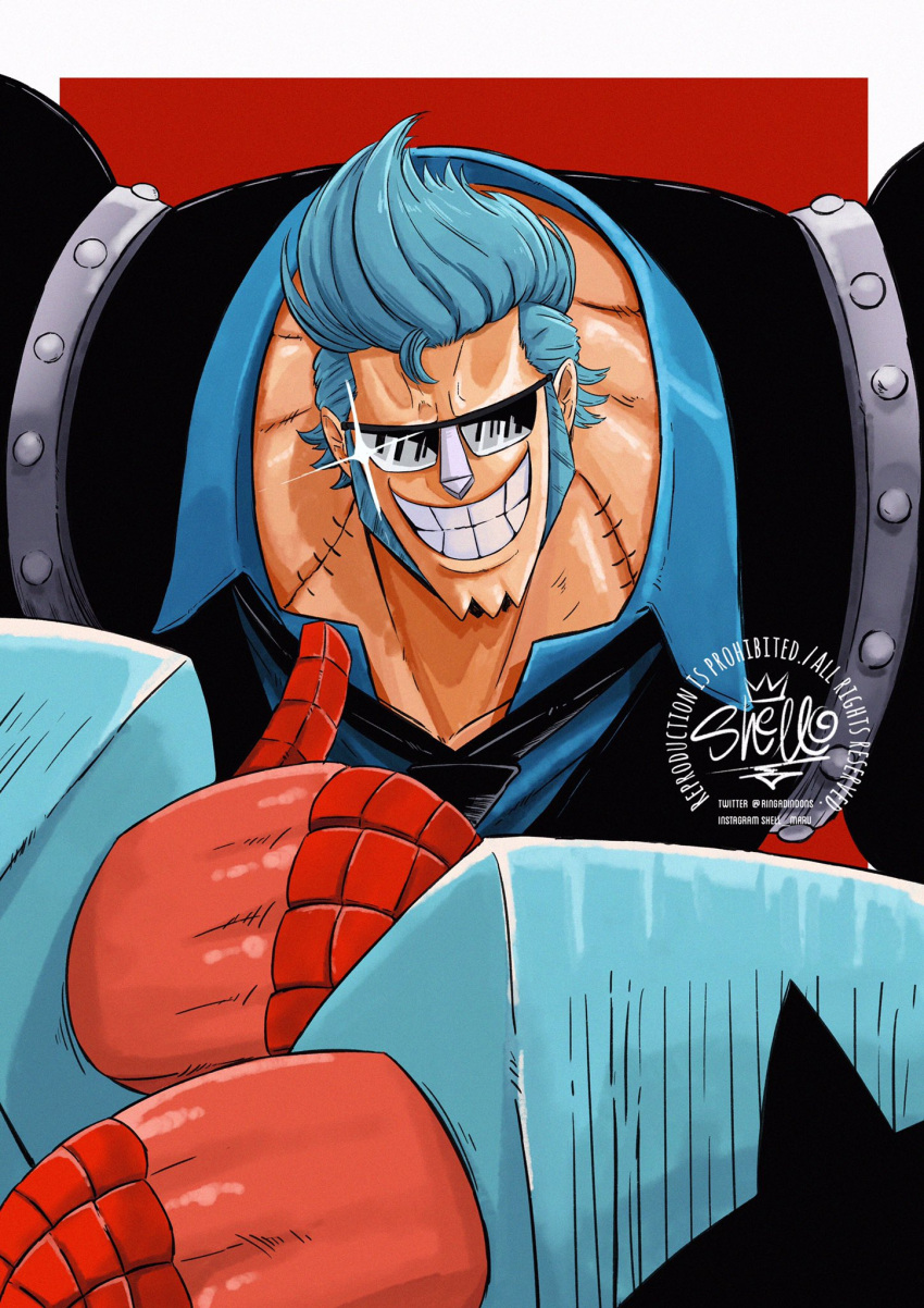 1boy artist_name black_jacket black_necktie blue_hair blue_shirt commentary cyborg franky_(one_piece) highres jacket looking_at_viewer male_focus necktie one_piece sherumaru_(korcht06) shirt sideburns simple_background smile solo sunglasses symbol-only_commentary