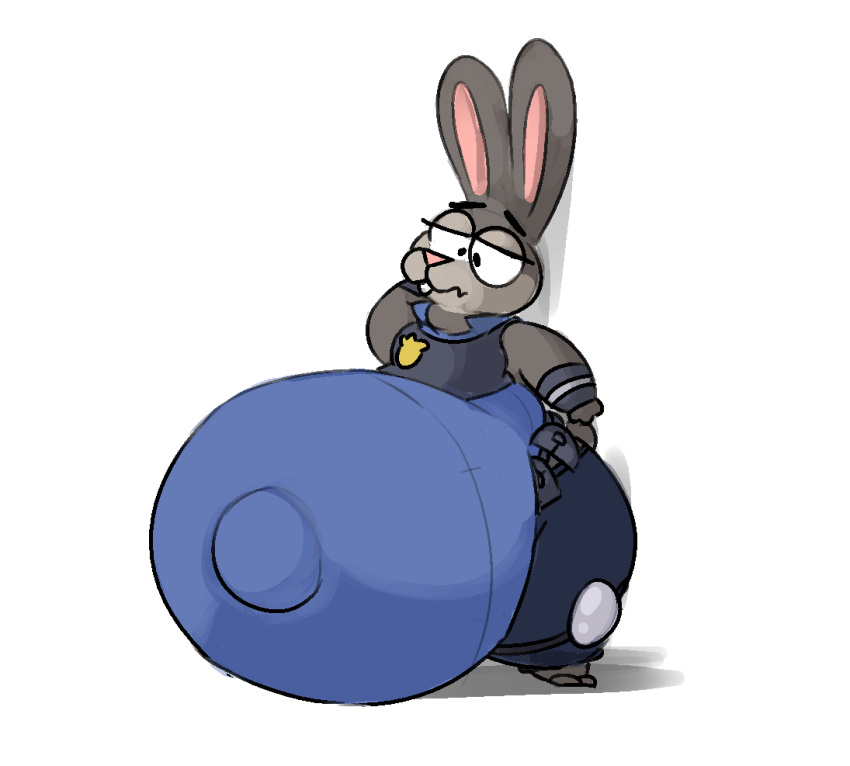 2018 anthro badge belly belt belt_pouch big_belly black_belt black_eyes blue_bottomwear blue_clothing blue_pants blue_shirt blue_topwear blue_uniform bottomwear buckteeth clothing colored digital_media_(artwork) disney doublecatte female grey_body grey_ears grey_tail hand_behind_head huge_thighs hyper hyper_belly hyper_navel hyper_pregnancy judy_hopps lagomorph leporid looking_at_belly looking_at_own_belly looking_down looking_down_at_self mammal navel navel_outline outie_navel pants pink_inner_ear pink_nose police_badge police_uniform pregnant pregnant_anthro pregnant_female rabbit scut_tail shaded shirt short_tail simple_background solo tail teeth thick_thighs tight_clothing topwear uniform white_background zootopia