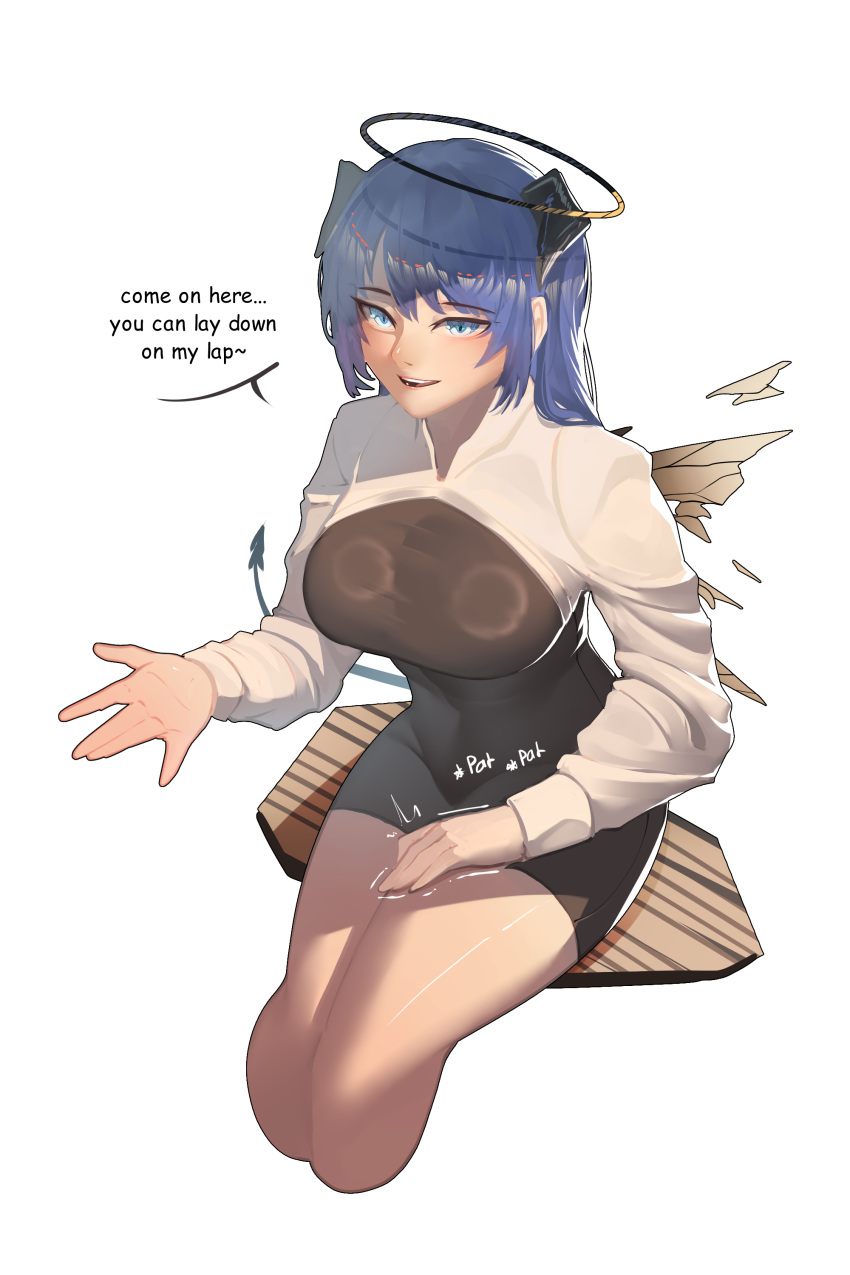 1girl absurdres alternate_costume arknights blue_eyes blue_hair breasts cropped_legs detached_wings halo highres large_breasts long_hair long_sleeves looking_at_viewer mostima_(arknights) najashi open_mouth simple_background solo speech_bubble white_background wings