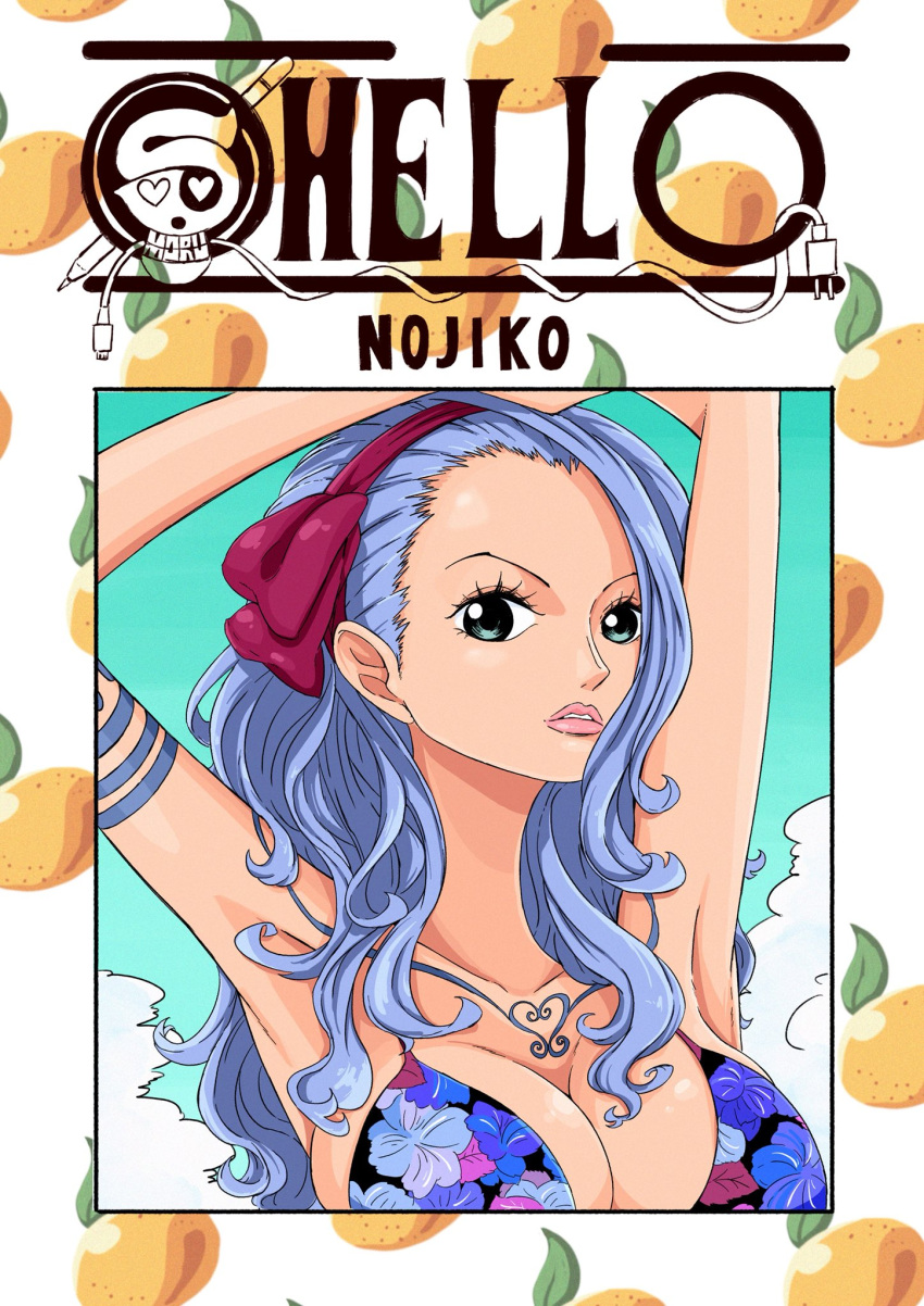 1girl arm_on_own_head arm_tattoo bikini bikini_top_only blue_eyes blue_sky chest_tattoo cloud commentary floral_print food fruit hair_ribbon highres long_hair looking_at_viewer mandarin_orange nojiko one_piece pink_lips purple_ribbon ribbon sherumaru_(korcht06) sky solo swimsuit tattoo upper_body