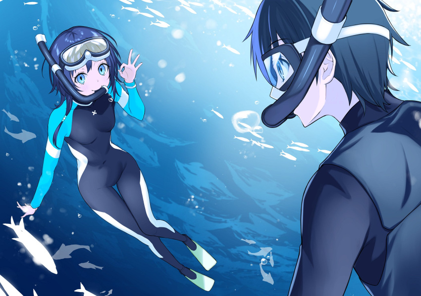 1boy 1girl air_bubble artist_request blue_eyes blue_hair bodysuit breasts bubble covered_navel diving diving_mask diving_mask_on_head diving_suit fish flippers goggles goggles_on_head highres multicolored_bodysuit multicolored_clothes nangoku_kanojo_to_hitotsuyane_no_shita ok_sign short_hair skin_tight small_breasts smile snorkel snorkel_in_mouth snorkel_mask submerged underwater wetsuit