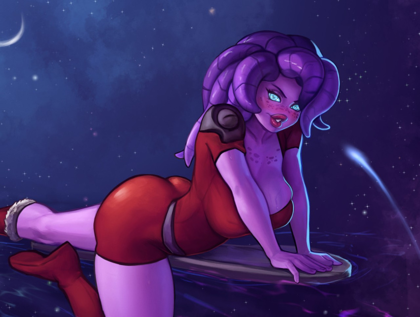akeowi alien alien_humanoid areola awesomenauts big_breasts big_butt blue_eyes blue_sclera blush bodysuit breasts butt cleavage cleavage_overflow clothed clothing coco_nebulon eyelashes female footwear freckles hair humanoid lips long_hair looking_at_viewer nipples noseless pink_lips pseudo_hair purple_body purple_hair red_bodysuit red_clothing red_footwear red_shoes red_skinsuit shoes skinsuit solo tentacle_hair tentacles thick_lips thick_thighs tight_clothing wide_hips