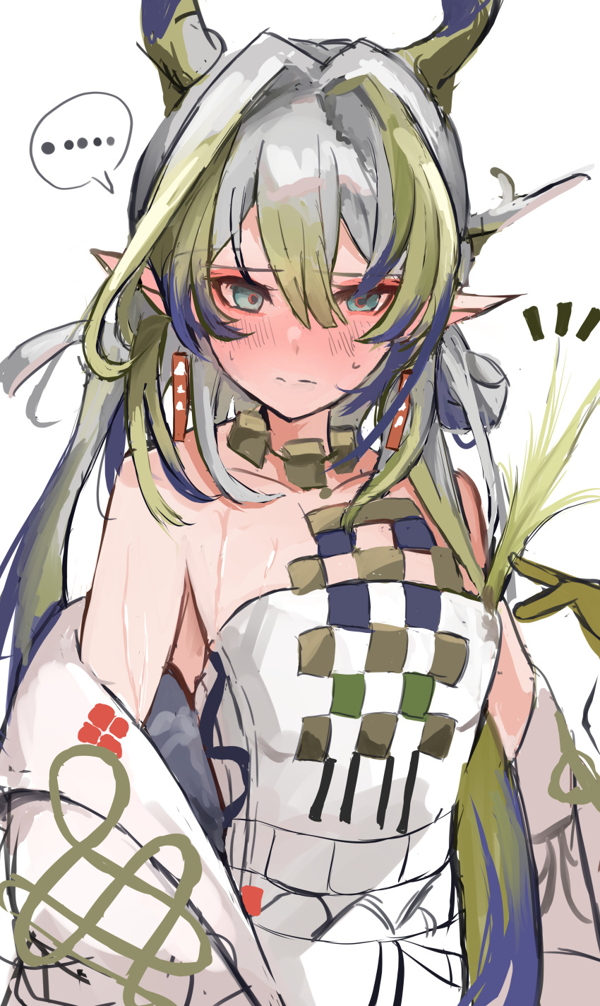 ... 1girl absurdres aqua_eyes arknights bare_shoulders blush earrings eyeliner flat_chest green_hair grey_hair highres horns jewelry long_hair makeup multicolored_hair necklace pointy_ears shu_(arknights) simple_background solo spoken_ellipsis sunaneko sweat two-tone_hair white_background