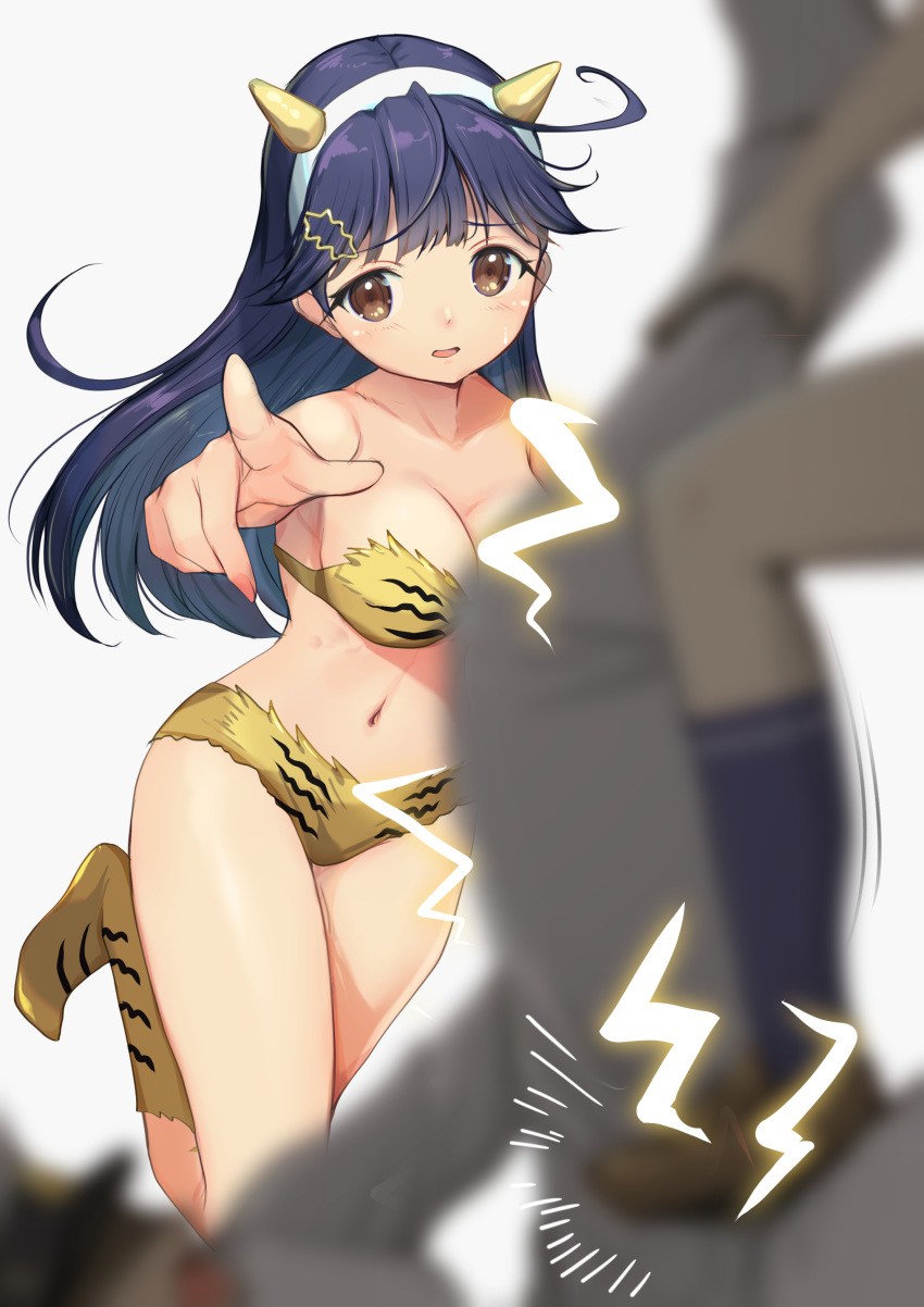absurdres admiral_(kancolle) ahoge bikini black_hair blurry breasts brown_eyes cleavage commentary_request cone_horns cosplay crotch_stomping depth_of_field foreshortening full_body hair_ornament hairclip highres horns index_finger_raised kantai_collection long_hair lum lum_(cosplay) medium_breasts simple_background solo_focus stomping strapless strapless_bikini swimsuit urusei_yatsura ushio_(kancolle) white_background yashin_(yasinz) yellow_bikini yellow_footwear