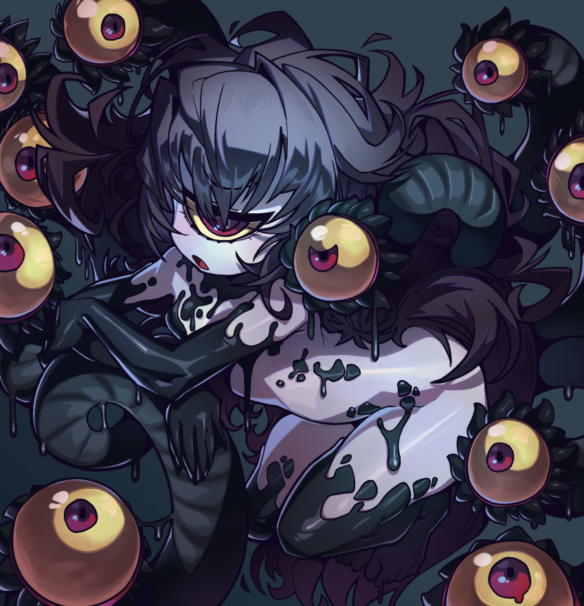 1girl black_hair blush breasts colored_sclera colored_skin commentary cyclops dripping extra_eyes full_body gazer_(monster_girl_encyclopedia) grey_skin highres long_hair monster_girl monster_girl_encyclopedia nude one-eyed open_mouth pale_skin red_eyes simple_background slime_(substance) slit_pupils small_breasts solo tail tentacles toes waa153 yellow_sclera