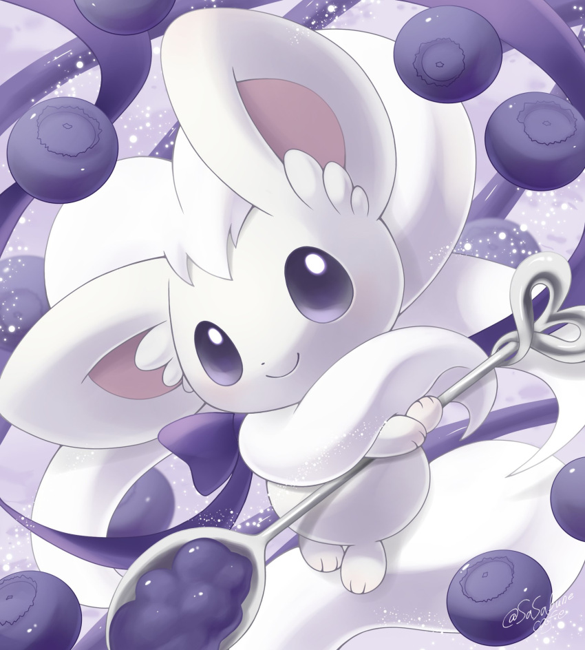 animal_focus black_eyes blueberry bow cinccino closed_mouth fluffy food fruit full_body grey_fur happy highres holding holding_spoon long_hair no_humans pokemon pokemon_(creature) pokemon_bw ribbon sasabunecafe smile spoon standing white_fur