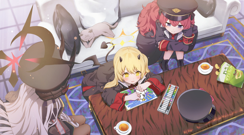 3girls absurdres animal_ears armband black_halo black_headwear black_horns black_jacket blonde_hair blue_archive blush cat chips_(food) commentary_request couch cup demon_tail drawing drawing_(object) food grey_hair halo hat heimu_(heim_kstr) highres horns ibuki_(blue_archive) iroha_(blue_archive) jacket long_hair long_sleeves looking_at_another makoto_(blue_archive) multiple_girls on_couch peroro_(blue_archive) pillow red_armband red_hair sitting smile table tail tea teacup yellow_eyes