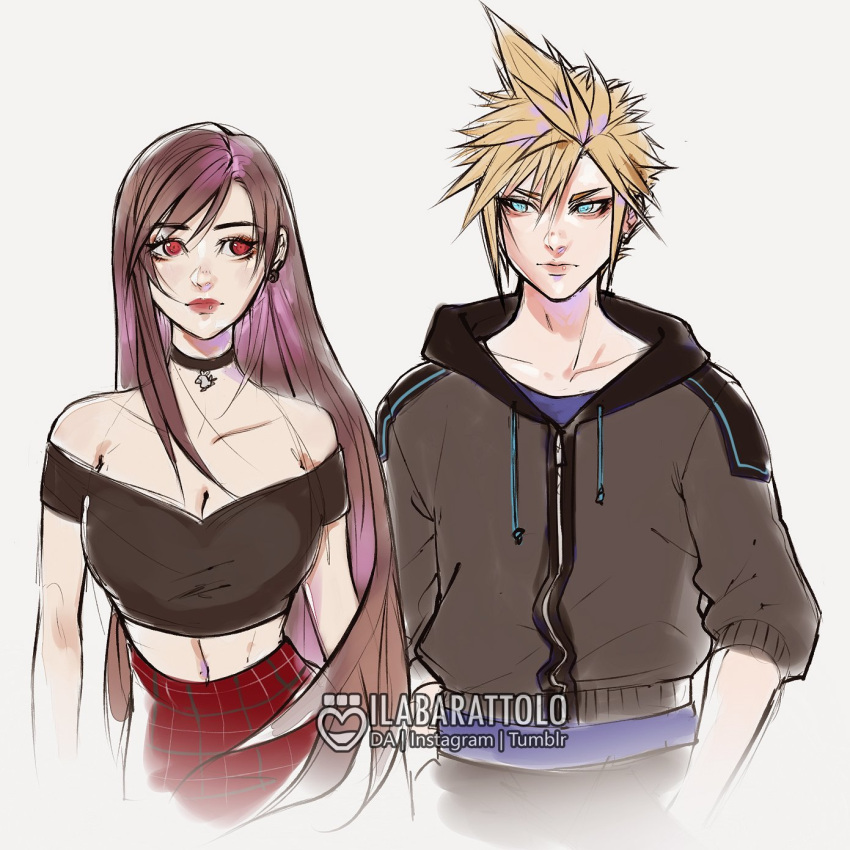 1boy 1girl alternate_costume artist_name bare_shoulders black_choker black_hair black_jacket black_pants black_shirt blonde_hair blue_eyes blue_shirt breasts brown_hair casual choker cleavage closed_mouth cloud_strife collarbone commentary crop_top cropped_shirt earrings english_commentary final_fantasy final_fantasy_vii hands_in_pockets highres hood hood_down hooded_jacket ilabarattolo jacket jewelry large_breasts lips long_hair looking_at_another midriff off-shoulder_shirt off_shoulder pants plaid plaid_skirt red_eyes red_lips red_skirt shirt short_hair sideways_glance simple_background single_earring single_sidelock skirt spiked_hair swept_bangs tifa_lockhart upper_body very_long_hair watermark zipper