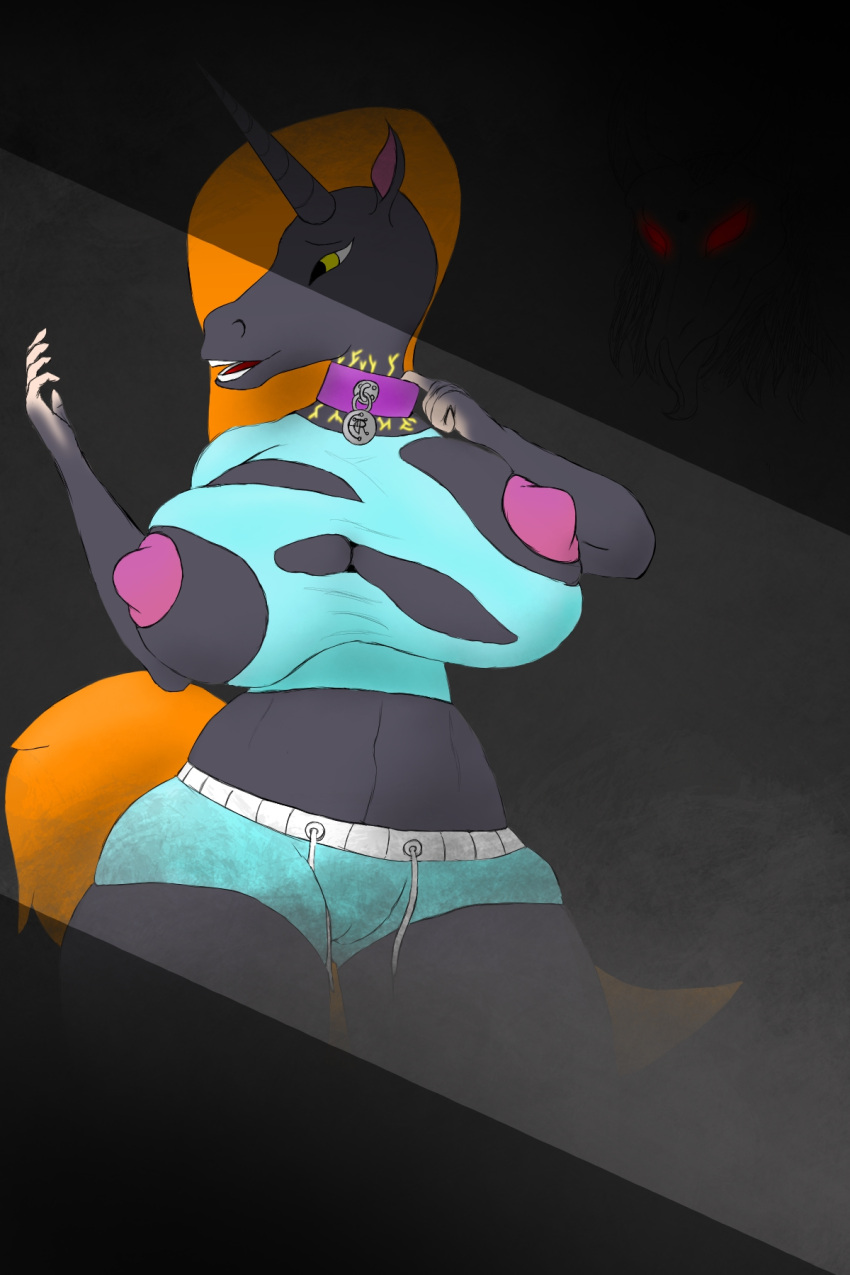 anthro belly blue_clothing breast_expansion breasts clothed clothing collar equid equine expansion female fluffy fluffy_tail grey_body grey_skin hair hi_res horn horse mammal nipples open_mouth orange_hair shadow signum-factorem smoke solo tail transformation unicorn yellow_eyes