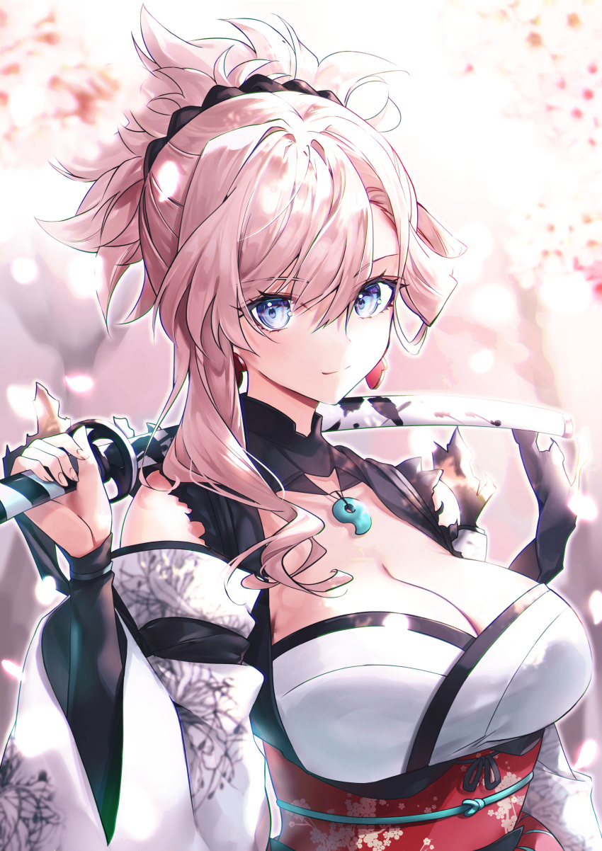 1girl absurdres bare_shoulders blue_eyes breasts cherry_blossoms cleavage earrings fate/samurai_remnant fate_(series) grey_kimono hair_ornament hane_yuki highres japanese_clothes jewelry katana kimono large_breasts long_hair long_sleeves looking_at_viewer magatama miyamoto_musashi_(fate) obi pink_hair ponytail rope_belt sash smile solo swept_bangs sword weapon wide_sleeves