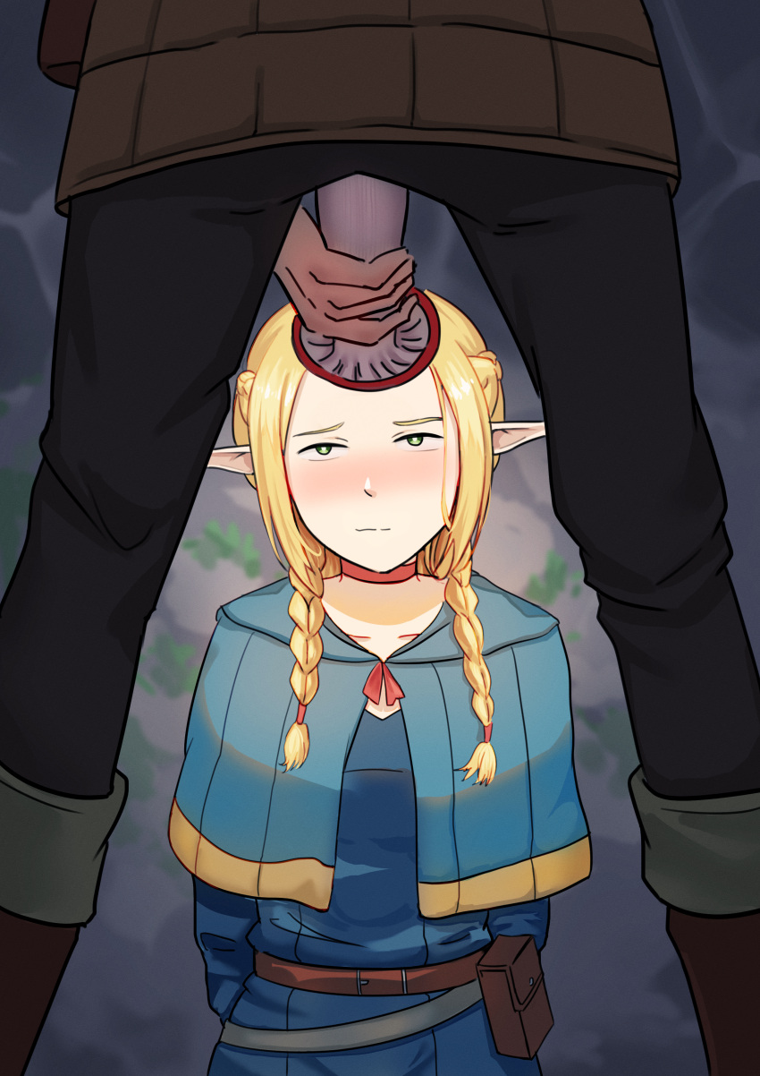 1boy 1girl absurdres black_pants blonde_hair blue_capelet blue_robe blush braid capelet choker dungeon_meshi green_eyes hetero highres holding holding_mushroom marcille_donato multiple_braids mushroom nose_blush pants phallic_symbol red_choker robe winson